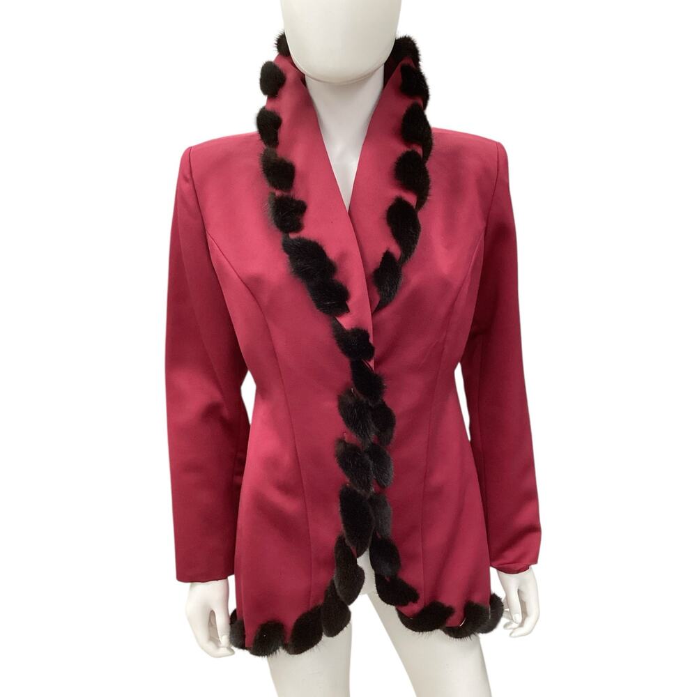 Vintage Essence Blazer Women’s Size 8 Satin With Mink Trim Made In USA Wine Red